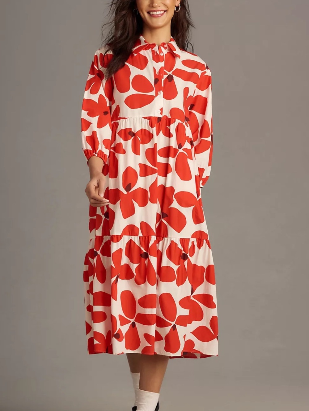 Anthropologie Maeve The Bettina Tiered Shirt Midi Dress Sz XS in Red Motif